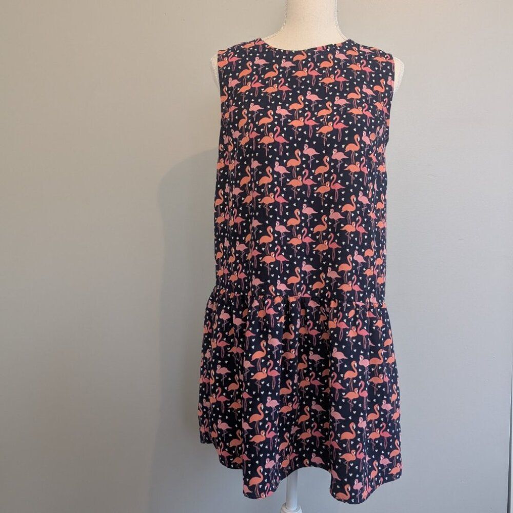 Cynthia Rowley Drop Waist Dress Navy Flamingo Print Pockets Sz 4